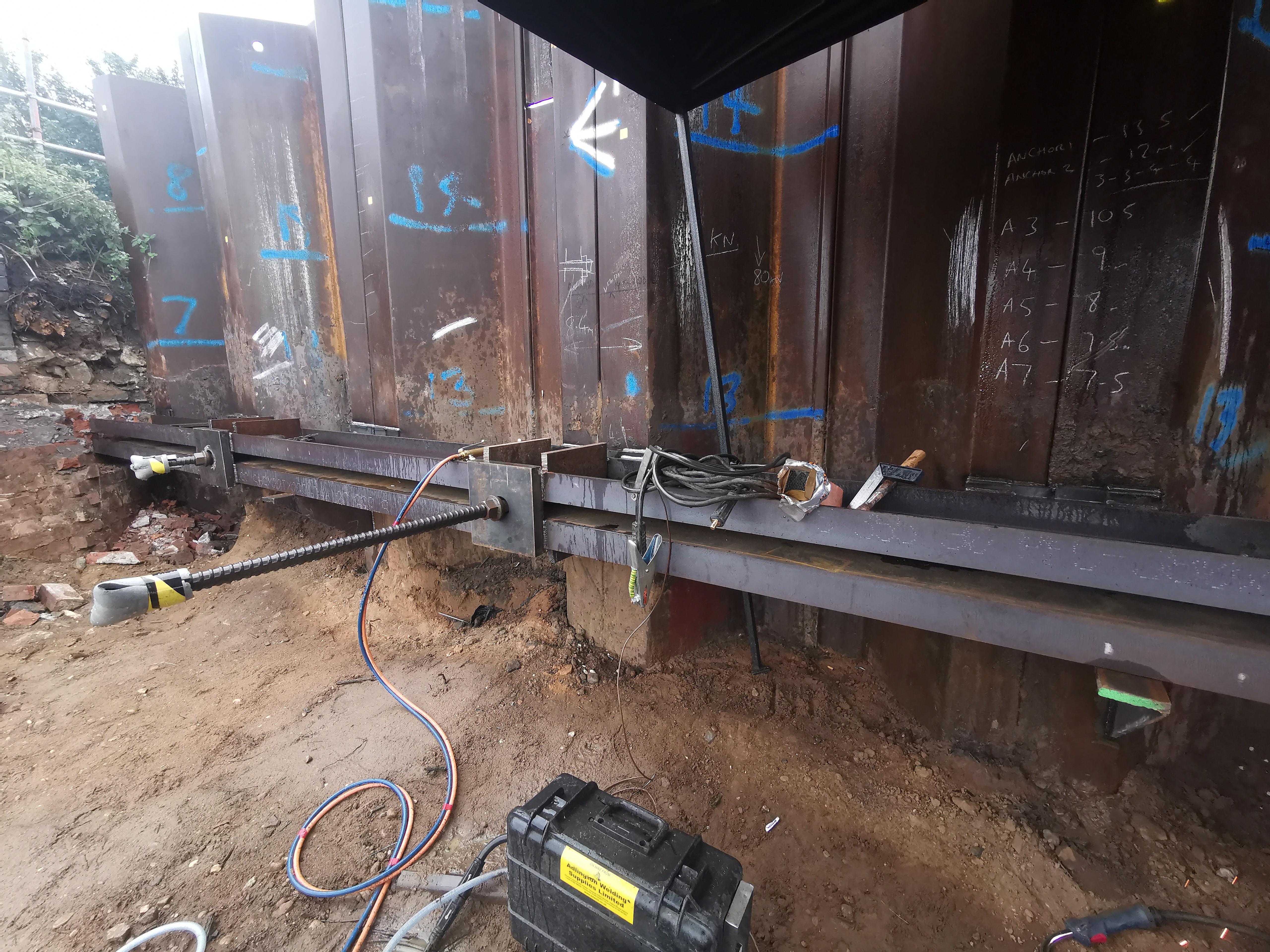 Tie-back beams and tie rods locking sheet piles under a live rail line